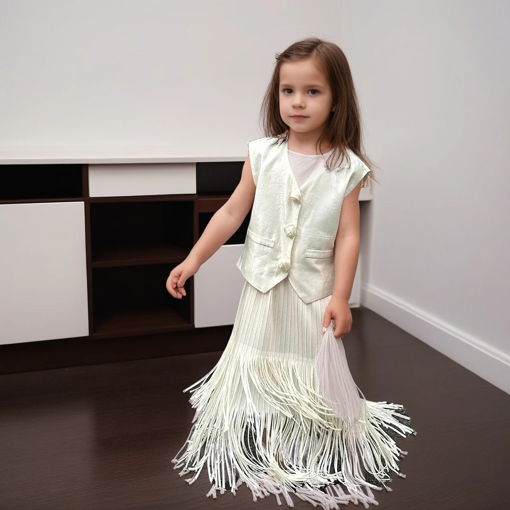 

Girls Clothes Set Elegant Beige Sleeveless Vest Boho Fringe Skirt 2-Piece Summer Teen Kids Vacation Outfit Chic Child Costumes )