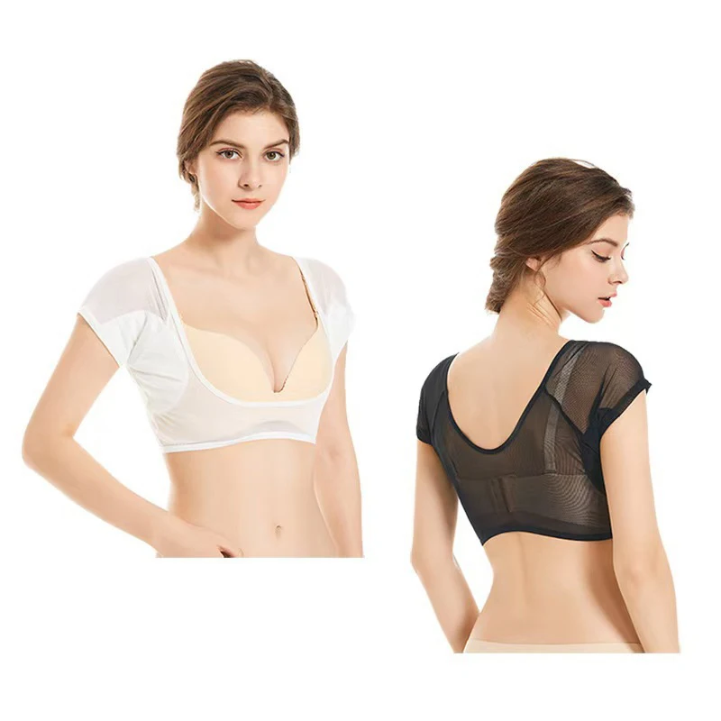 Colete ultrafino de malha transparente absorvente desodorante almofada camiseta feminina lavável à prova de suor sob a parte superior com almofadas de suor nas axilas