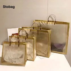 StoBag 25pcs Transparent Gold Shoulder Tote Bags Woman's Shopping Plastic Fashion Girl Gift Birthday Wedding Portable Logo