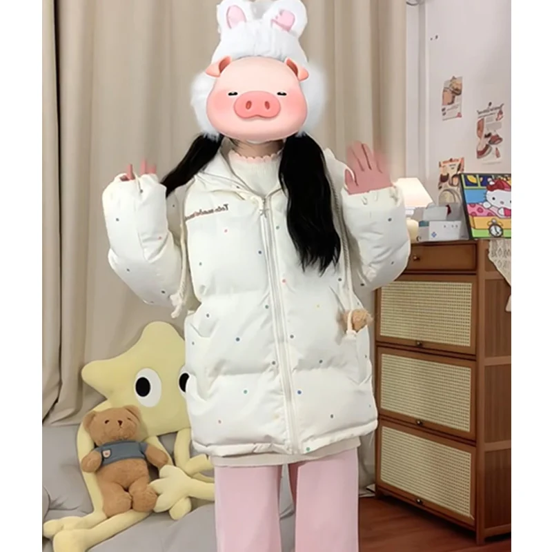 

Милое хлопковое пальто с капюшоном в горошек Jaet Thi Warm Winter Coat Bread Sle School orm Windbreaker Long Sve Zipper Cl...