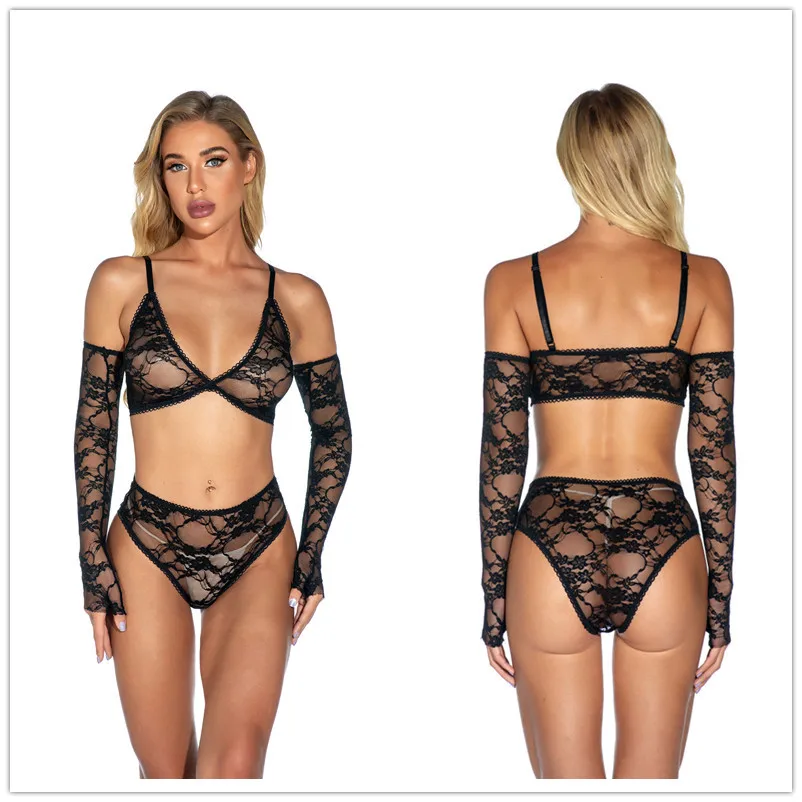 

Ohyeahlady Women's Floral Lace Bra and Panties Sets See Through Underwear High Elastic Solid Black Large Size Sexy Lingerie Sets