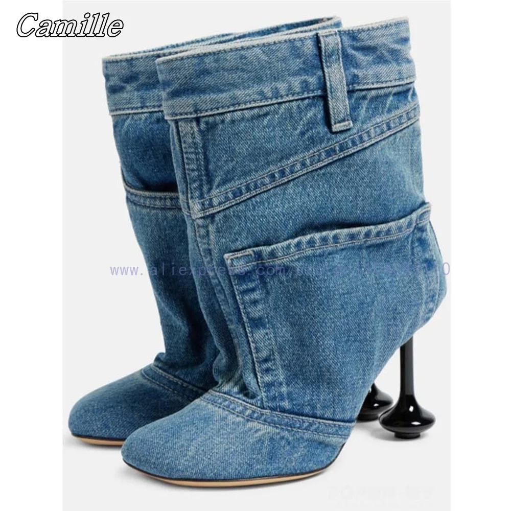 

Retro Denim Blue Strange Heel Sexy Mid Calf Boots Autumn New All-Match Casual Shoes Large Size Round Toe Slip On Modren Boots