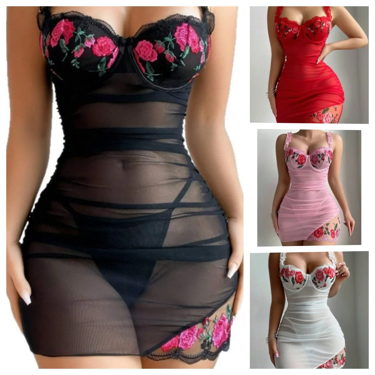 

popular sexy women boldly wear perspective seduction embroidered mesh sexy tight deep V-wrapped hip suspender nightgown