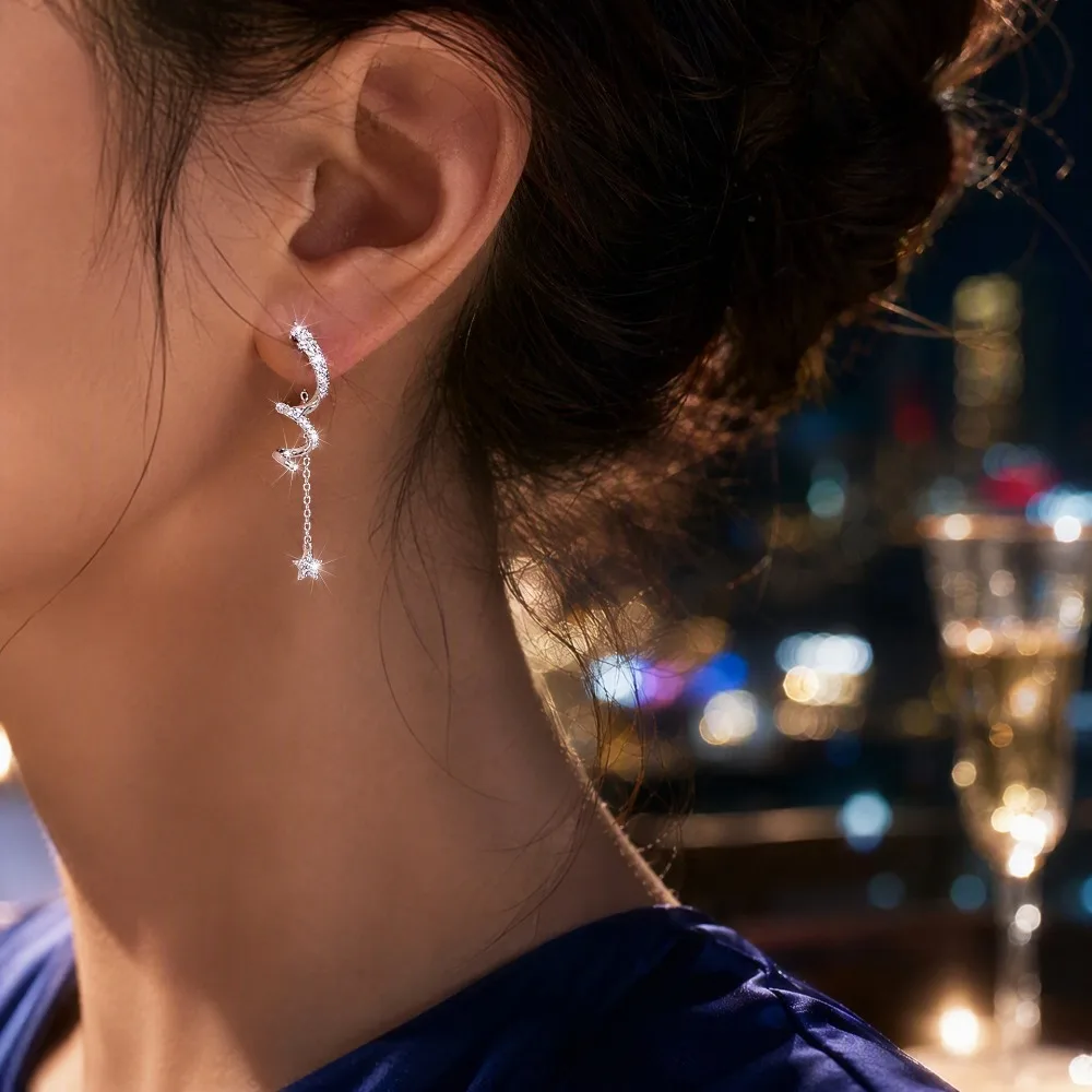 Shiny Dream‑Like Tassel Star Charms Paved Zircon Spiral Dangle Earrings for Women Valentine's Day Confession Dating Jewelry Gift
