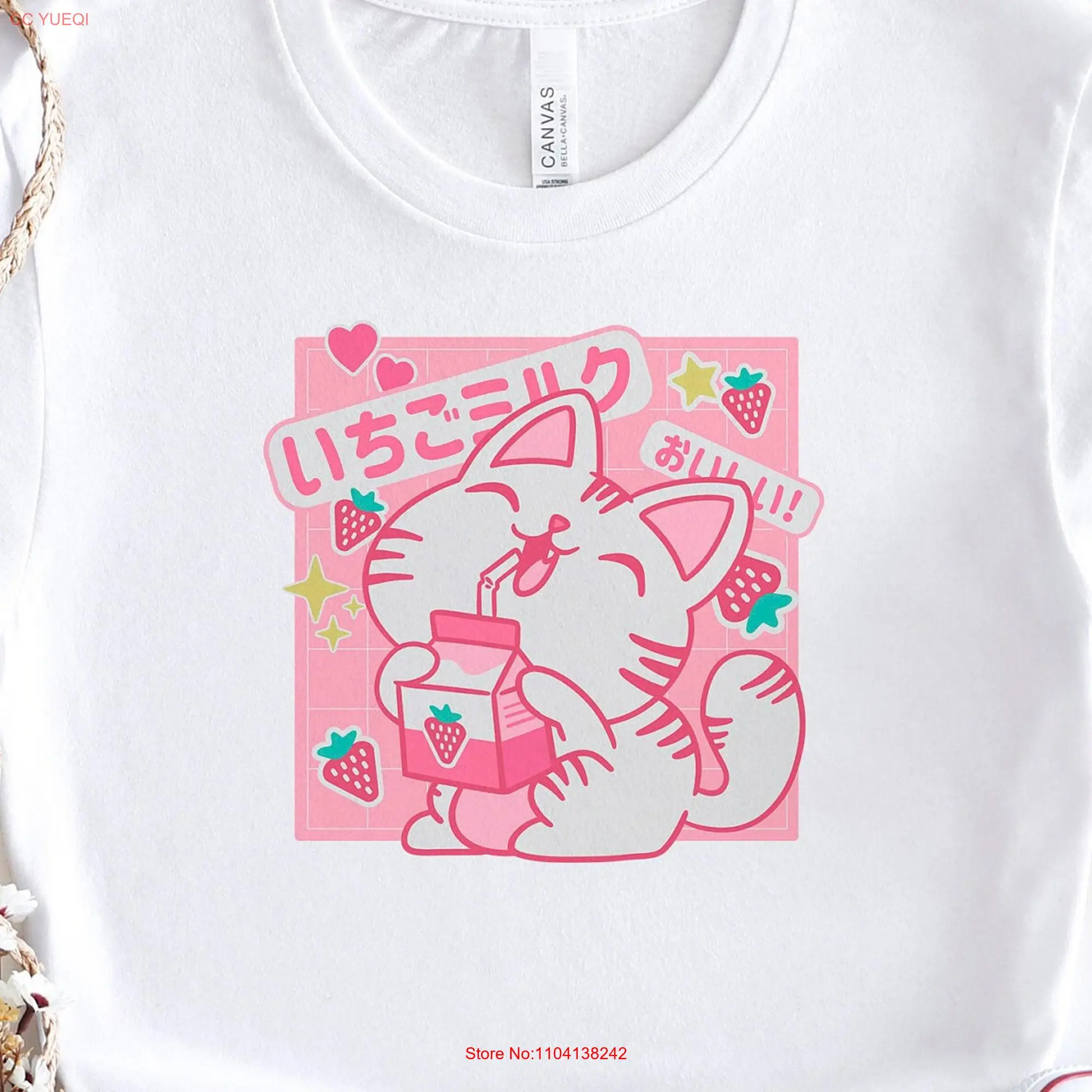 Camiseta Kawaii de manga larga o corta con estampado de fresa, Gato de leche, lindo para amantes de las frutas, cumpleaños