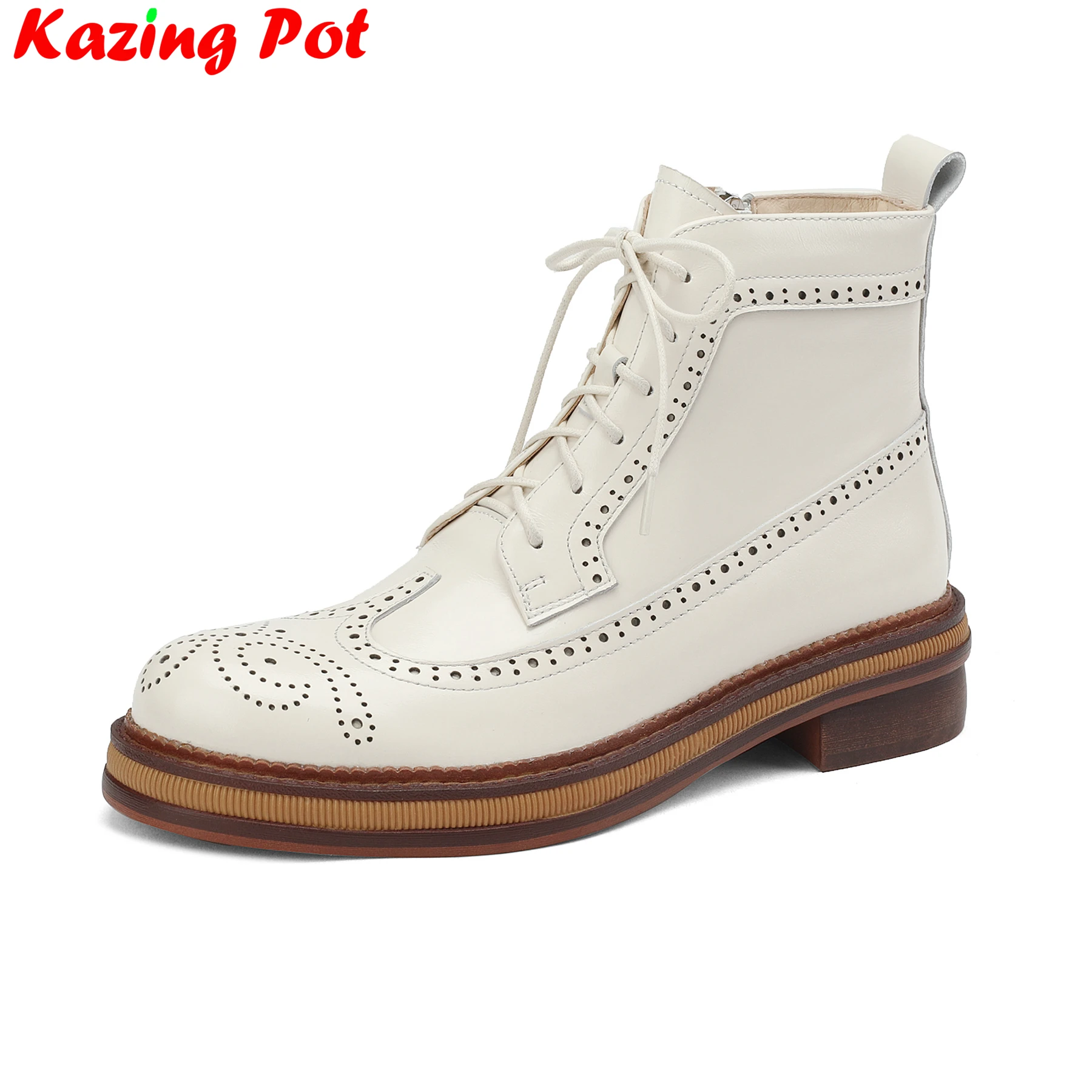 2027 Cow Skin Round Toe Punch Med Heels Zipper Modern Boots Warm Winter Oxford Shoes Dating Concise Casual Chelsea Ankle Boots