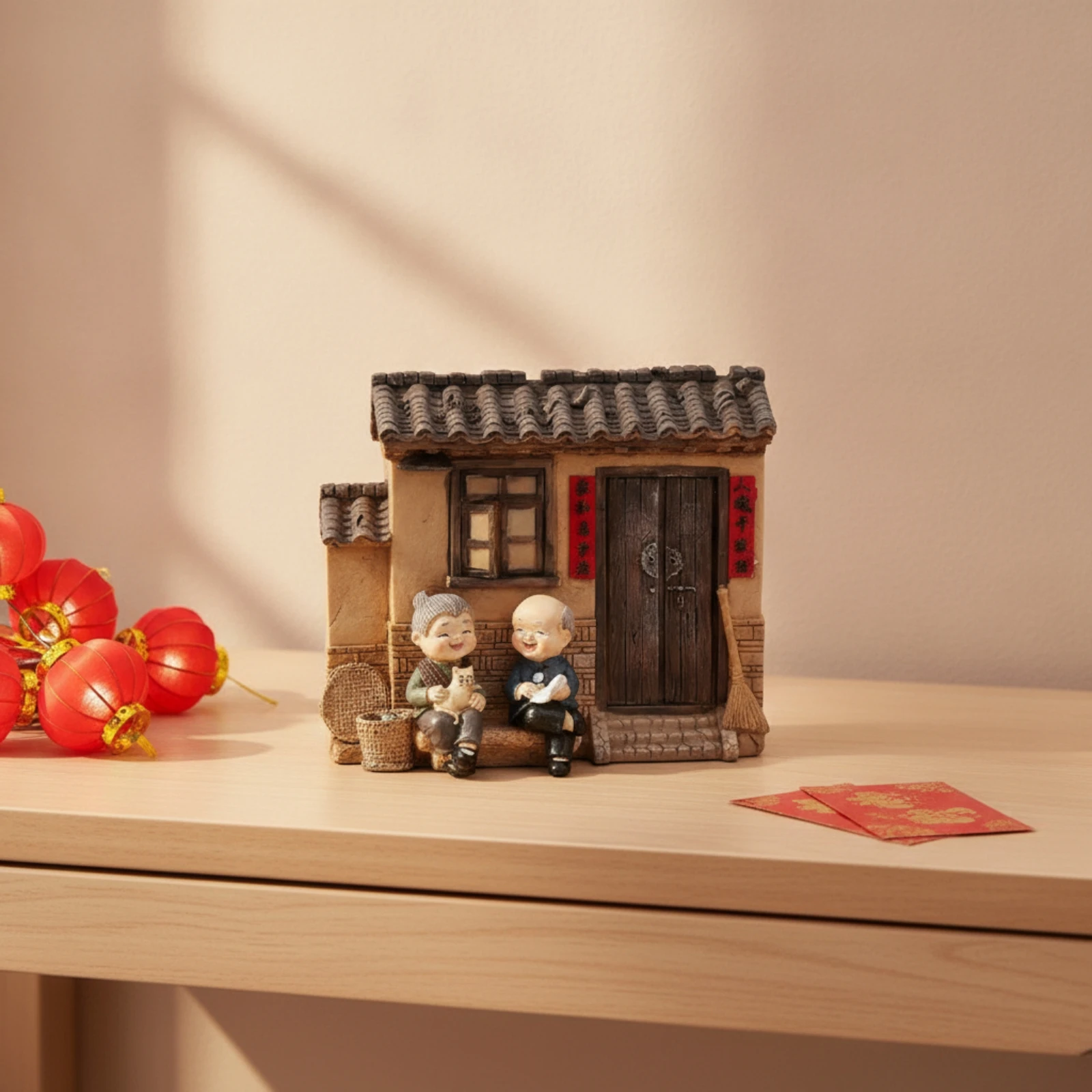 Loving Elderly Couple Miniature Figurine Nostalgic Elderly Couple Figurine Miniature House Facade with Figures Rustic Tabletop