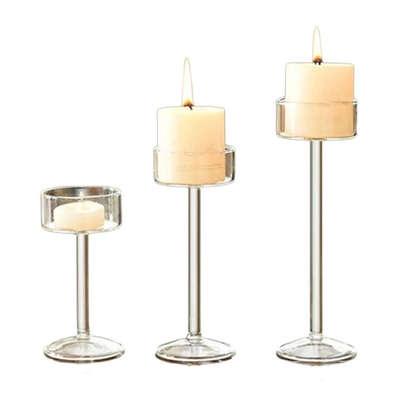 Decorative High Glass Holder with Long Stem Clear Tealight Stand Elegant Candlestick Wedding Centerpiece Decors