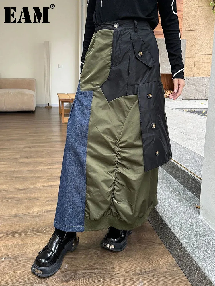 [EAM] High Elastic Waist Black Green Color-block Long Casual Half-body Skirt Women Fashion Tide New Spring Autumn 2025 1DH7595