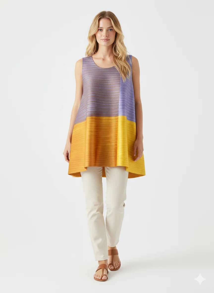 

Miyake плиссированная 2026, весенне-летняя простая стильная плиссированная блузка с градиентом цвета в японском стиле, свободная женская футболка без рукавов