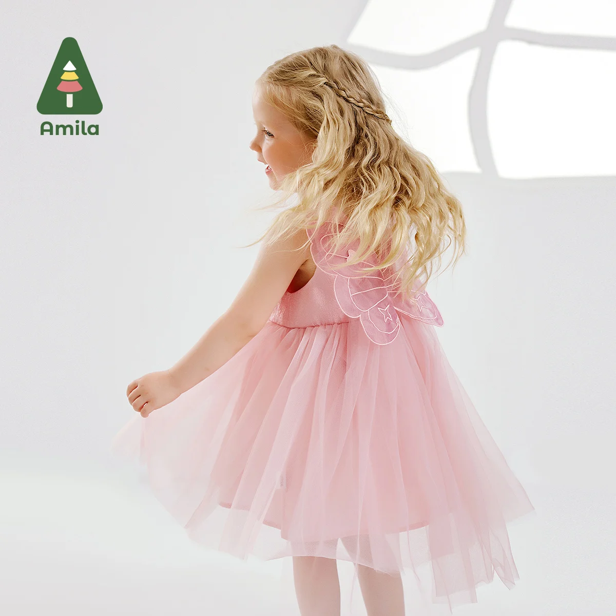 Amila 2024 Summer New Girls Dress tridimensionale Butterfly back impreziosito Sweet Mesh abito senza maniche 0-6Y