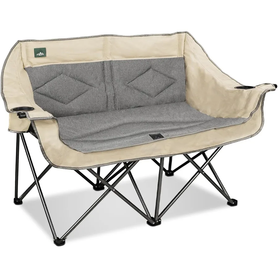 Folding Loveseat Camping Chair Portable Double Duo Full Padded Garden Chair for 2 Person Sofa with 2 Cup Holders and Wine Glass