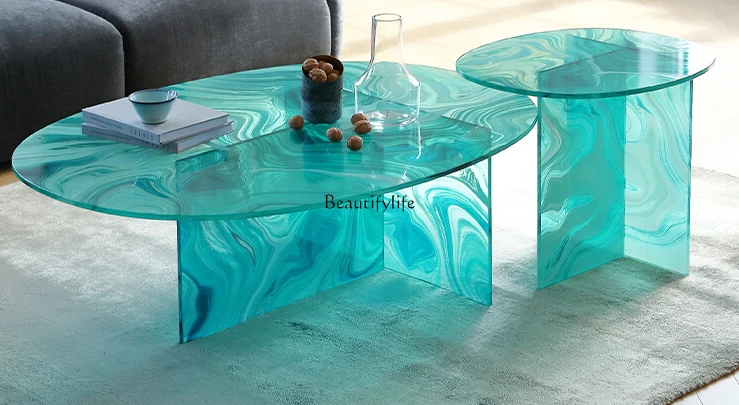 

Water Ripple Glass Coffee Table Modern Minimalist round Tea Table Combination Living Room Home