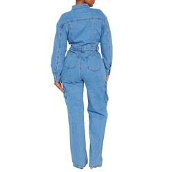 Light Blue Sleeves Cargo Pockets Elastic Long Denim Jumpsuit Women Sexy Front Open Jean Woman Overalls Loose Flare Pants Elegant