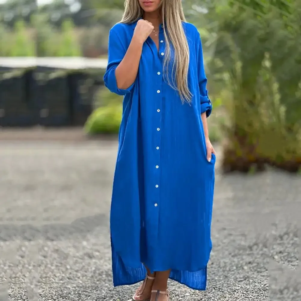 면 린넨 셔츠 드레스 여성 롱 라펠 셔츠 드레스 셔츠 타입 턴다운 칼라 루즈 맥시 드레스 여름 비치 파티 드레스