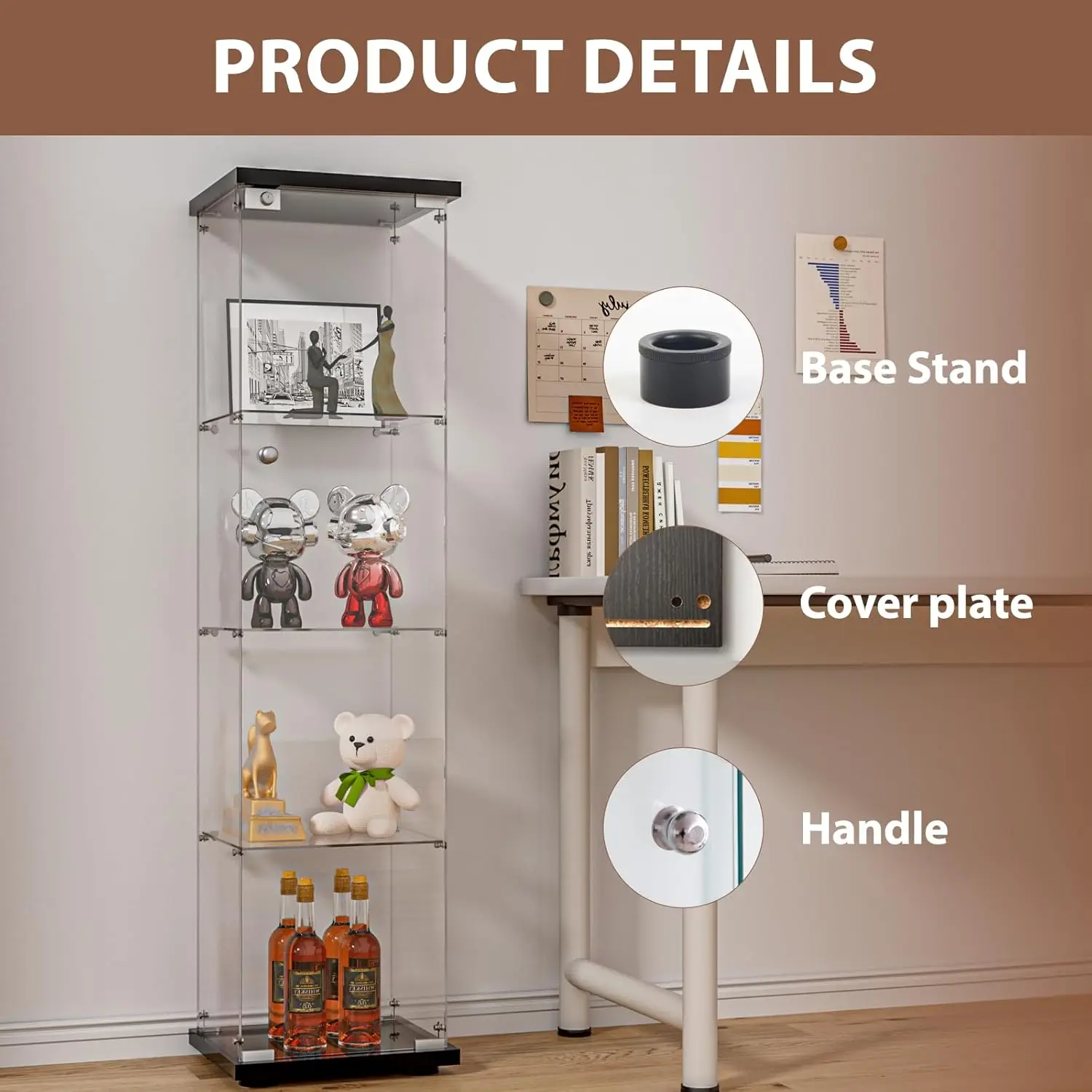 Glass Display Cabinet with Door and Lock, Quick-Install Style 4-Shelf Curio Cabinet 5mm Tempered Glass Floor Standing Bookshelf - view 5