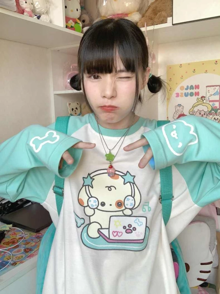 

Japan Y2K Women T Shirts Cartoon Printed Long Sleeve Sweet Loose Fashion Funny Autumn New Tops Female Harajuku Tee Shirt Casual
