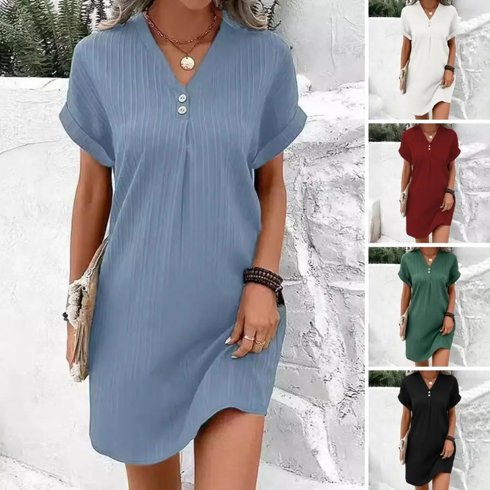 Summer Women Dress V Neck Button Short Sleeves Loose Solid Color Pullover Casual Dating Mini Dress Beach Baggy Solid Sundress