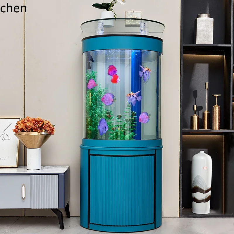 

HT fish tank small living room household glass water-free ecological bottom filter against the wall floor screen aquarium