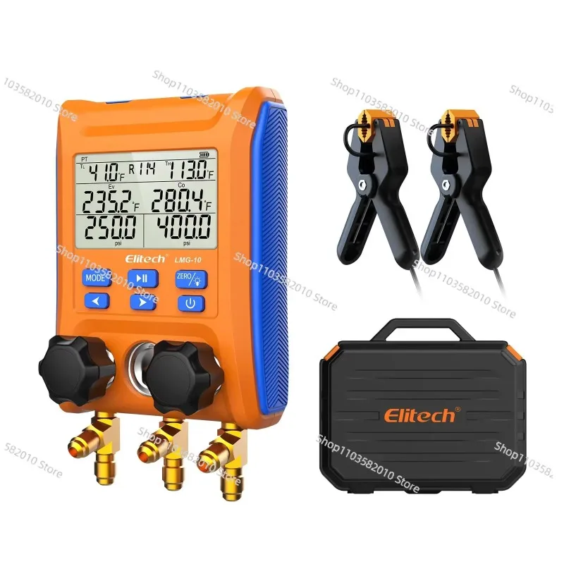 Elitech LMG-10 Digital Manifold Gauge HVAC Pressure Gauge AC Tools 2-Way Valve with Temperature Clamps