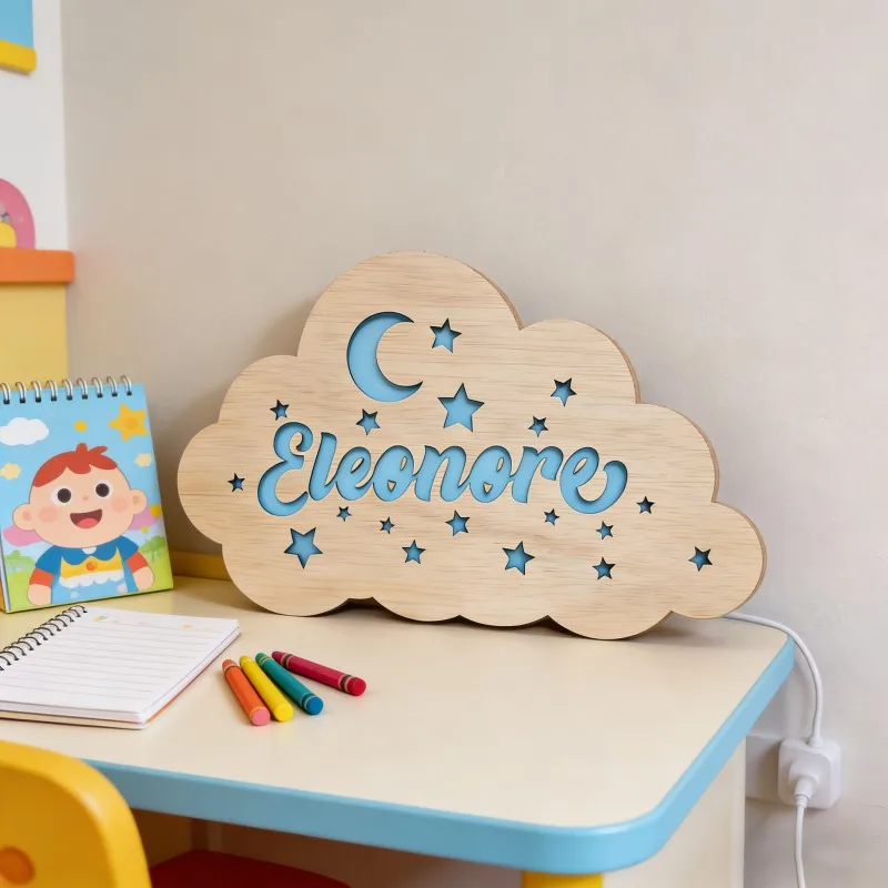 Custom 3D Printed Cloud Desk Name Sign, Personalized Cutout Moon Star Tabletop Plaque Table Decor, Baby Keepsake Gift for Kids