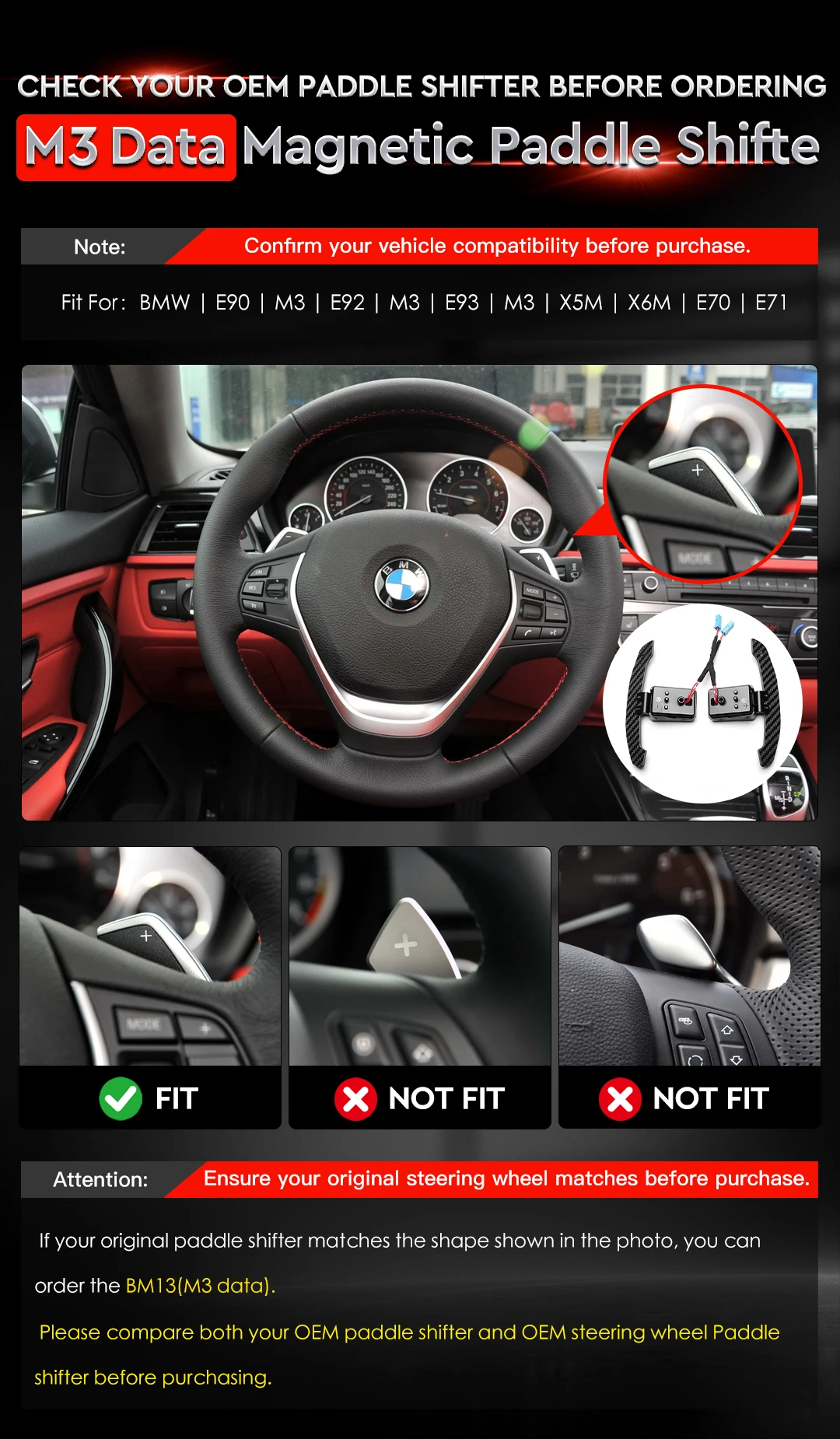 TDD Magnetic Paddle Shifters For BMW E90 M3 E92 M3 E93 M3 X5M X6M E70 E71 Carbon Fiber Shift Paddle with Spare Paddle Pads
