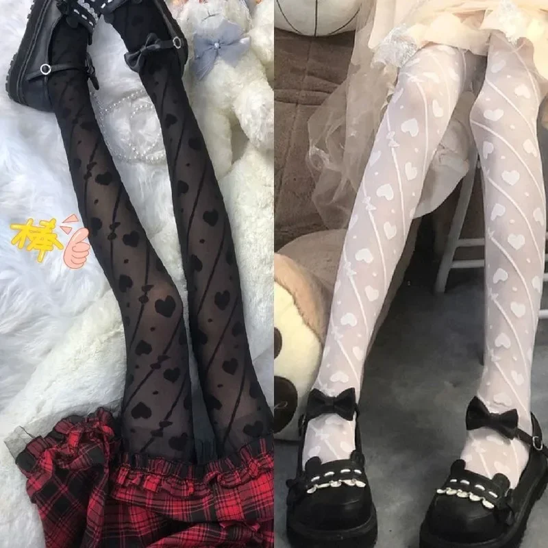 Women Sexy Heart Bowknot Striped Transparent Lace Silk Stockings Anime Lolita Cosplay Anti Stripping Pantyhose Breathable Tights