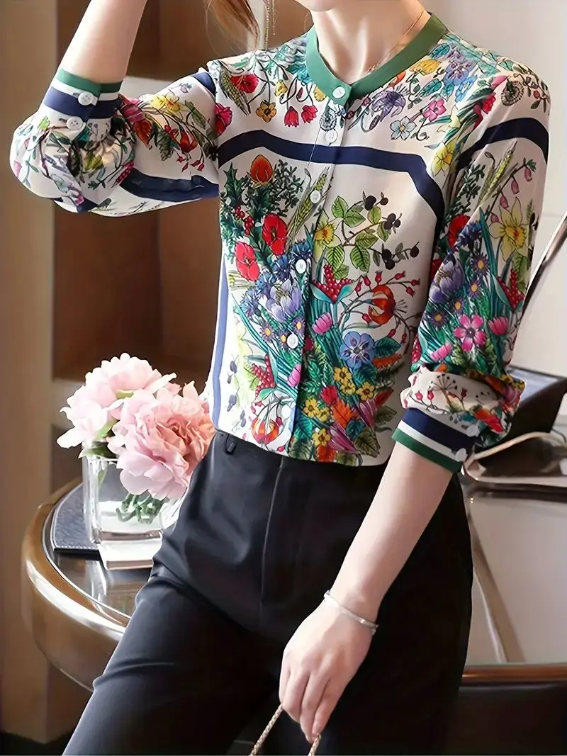 Chinese style flower print shirts for ladies Fashion women\'s blouses Spring summer long sleeve Blouse Female Tops Blusas Mujer