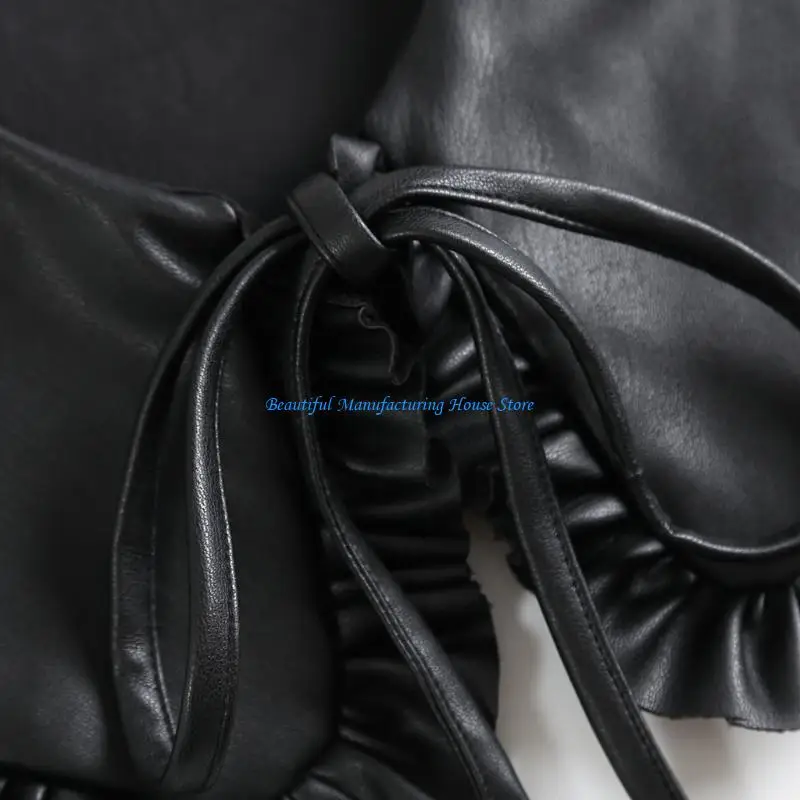 e56a-women-faux-leather-black-false-collar-shawl-for-doll-ruffled-wrap-self-tie-ponch