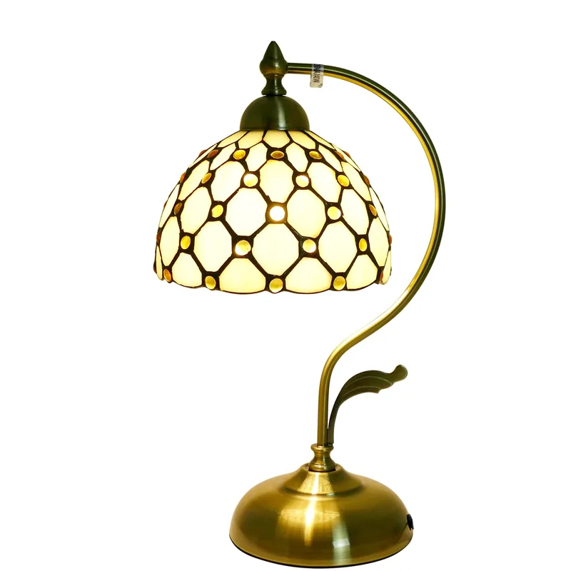 

Винтажная настольная лампа Тиффани ручной работы с бежевыми бусинами, витражным стеклом и металлическим основанием в виде листа, изогнутая лампа для чтения