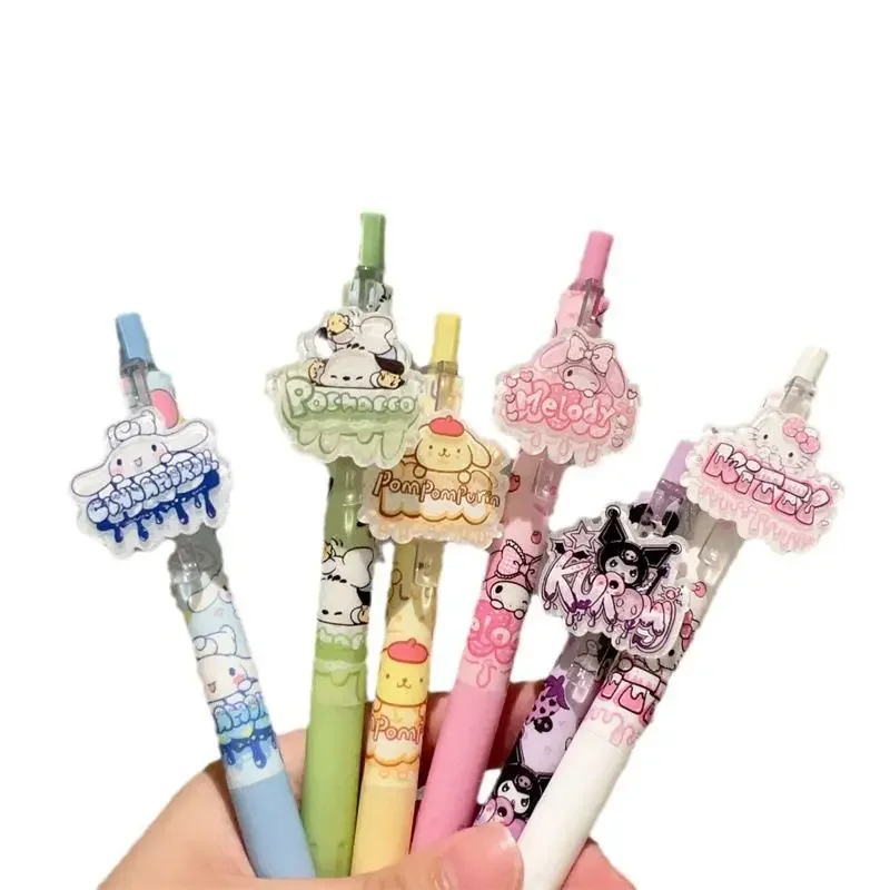 Sanrio 6 Pack New Cartoon Sticker Gel Pen KuromiPochacco Cinnamorol Girls Cute Pen Student Stationery 0.5 Black Exam Gift