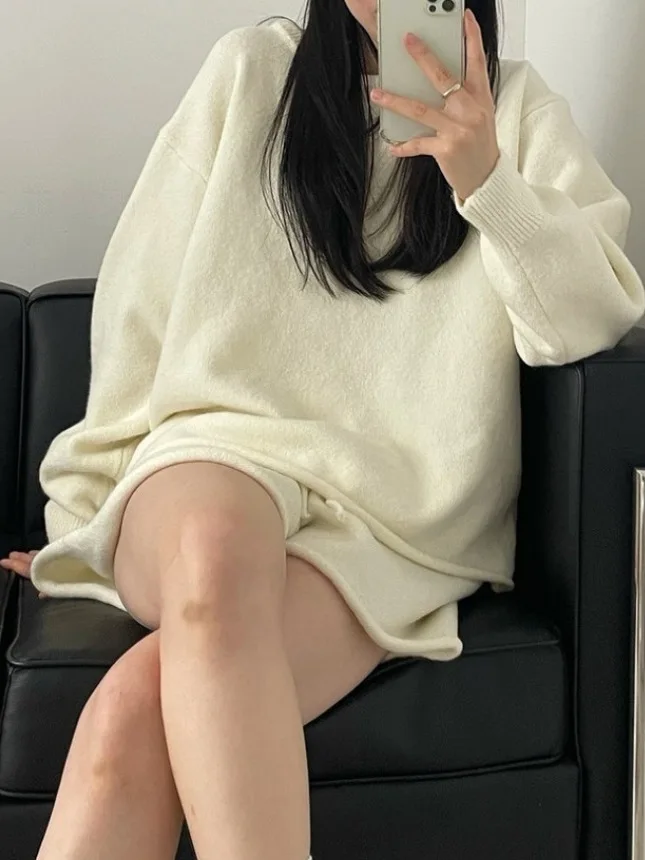 

Шикарный винтажный свободный повседневный вязаный топ, женские брюки, комплект из двух предметов, осенний модный костюм из полиэфирного волокна для девочек