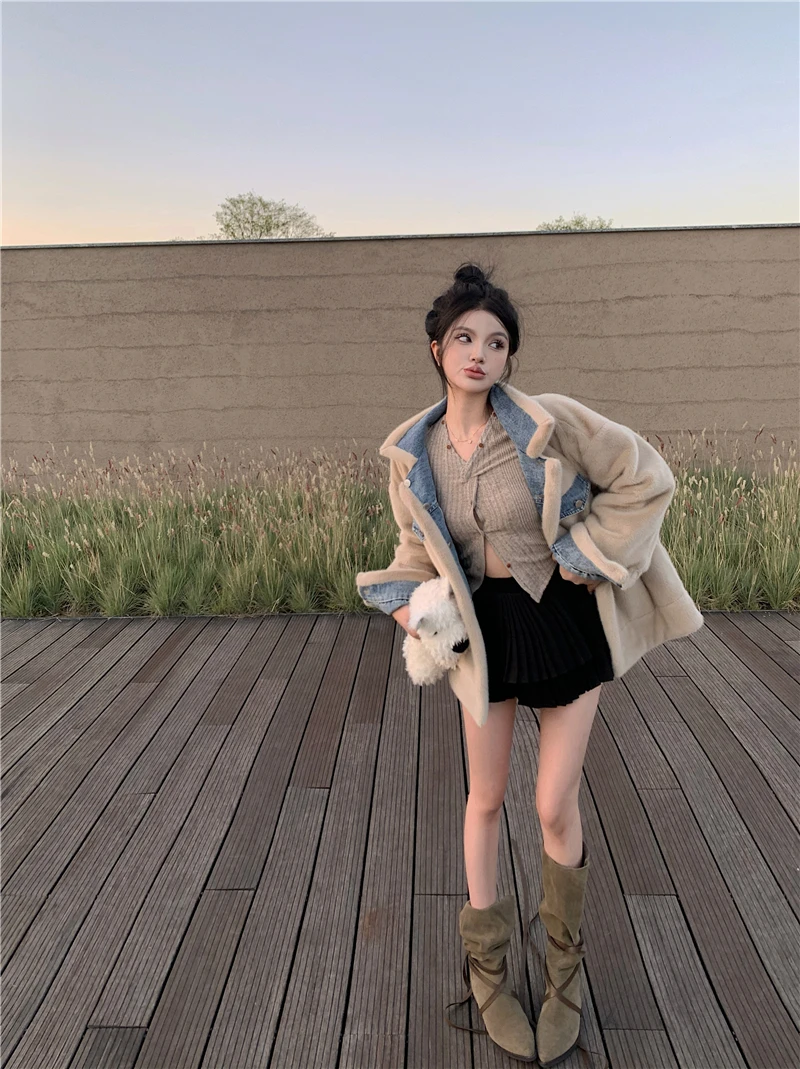 

Denim Coat Hoody Fur Plush Womens Fall Padded Standneck Grunge Festival Outing Quilted Buttoned Snap Button Corduroy Pleated Y2K