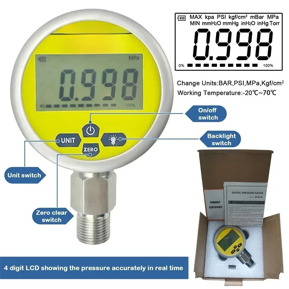 10000PSI Digital Pressure Gauge 80mm Diameter High Accuracy 0.4% FS Hydraulic Manometer 1/4'' NPT Thread