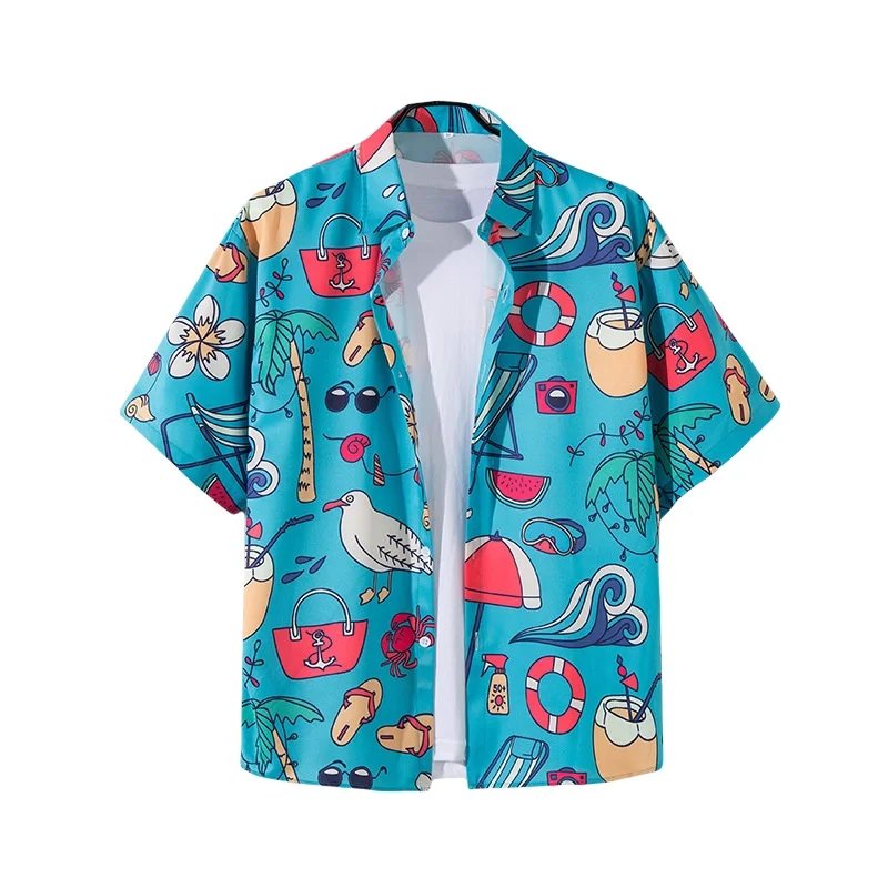 Men's Summer Seaside Travel Short Sleeve Floral Shirt Retro Hawaiian Beach Vacation Casual Loose Handsome Flower Shirt Jacket