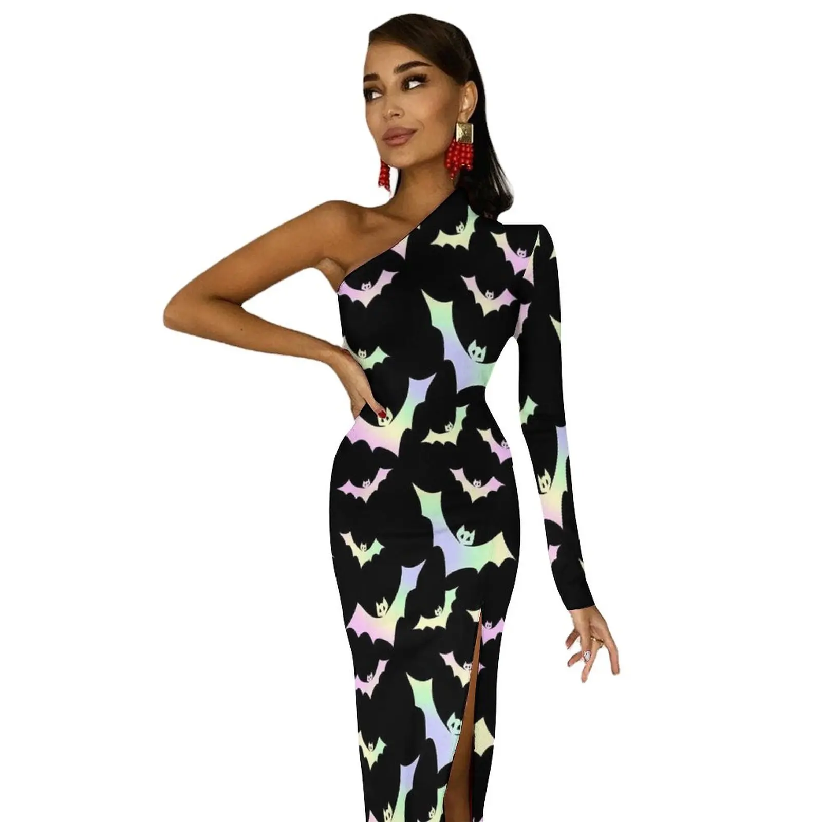 Goth Vampir Fledermaus Maxi Kleid Langarm Tier Nachtclub, Figurbetontes Kleid Herbst Street Style Lange Kleider Frauen Grafik Vestido