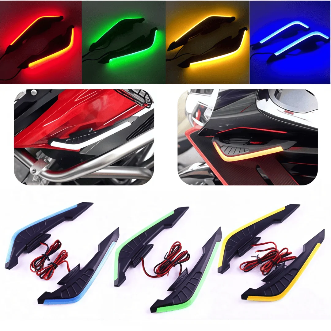 2 peças de luzes LED laterais universais de 12V para motocicletas, aerofólio decorativo para modificação, compatível com a maioria das motocicletas.