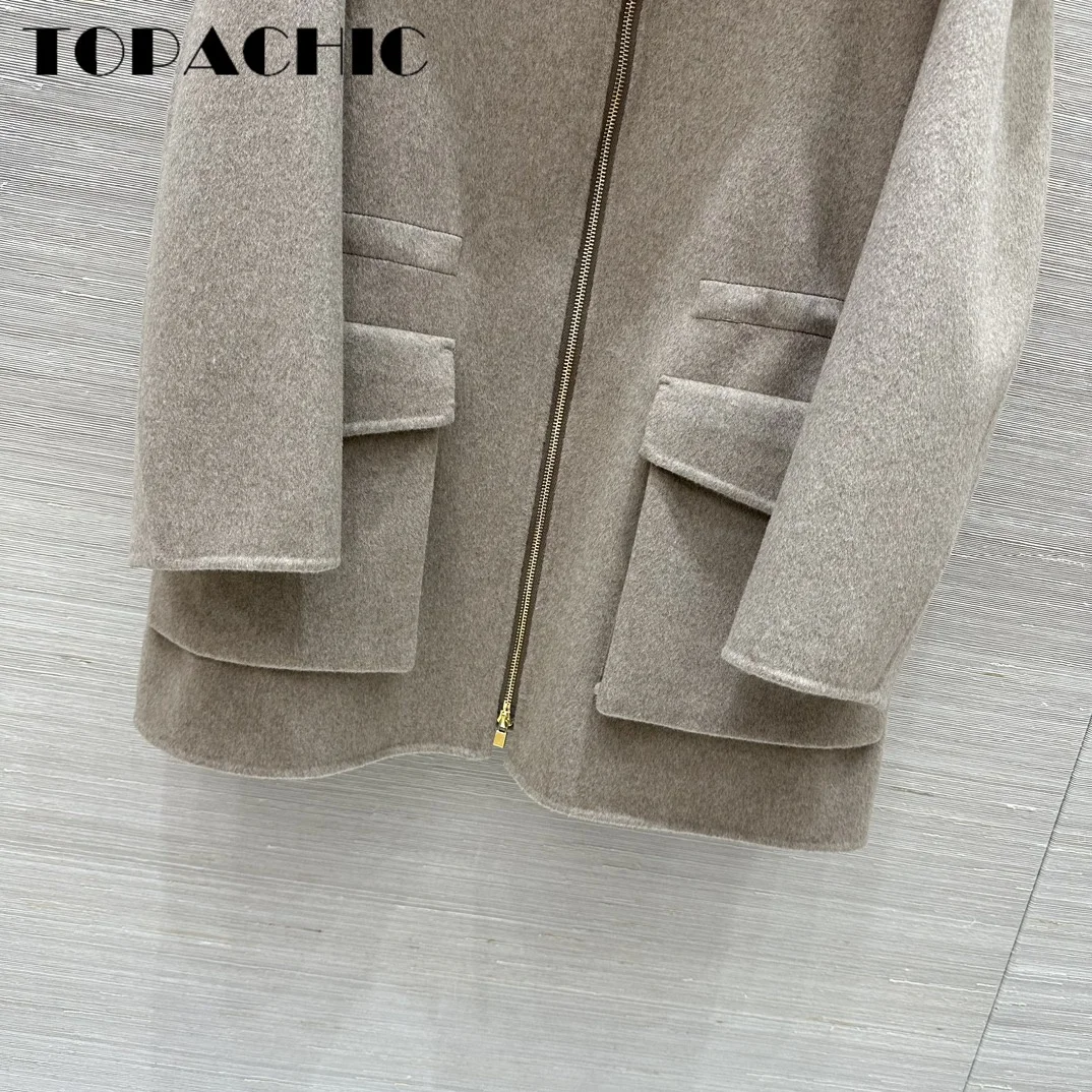 9.2 TOPACHIC-Women\'s Hooded Drawstring Waist Double-Side Woolen Keep Warm Coat Classic Big Pocket Zipper Loose Outerwear