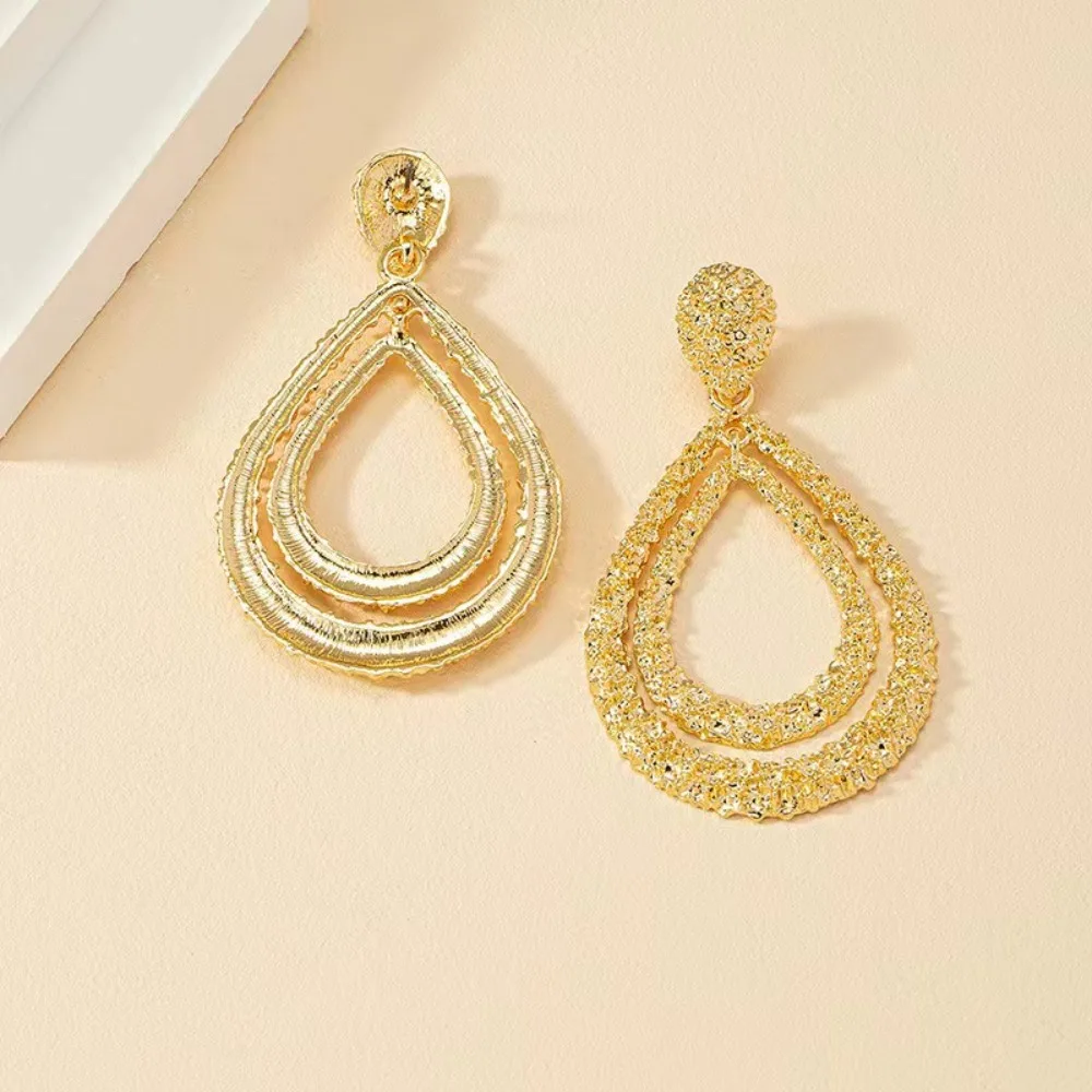 Double Layer Water Drop Earrings Teardrop-shaped Solid Color Hollow Round Earrings Alloy Hoop Western Style Exaggerated Earrings