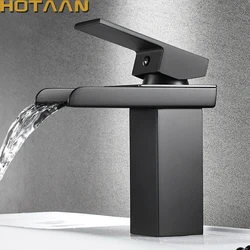 Black Plated Brass Waterfall Bathroom Basin Faucet Square Vanity Sink Mixer Hot & Cold Lavotory Tap Single Handle YT-5018-H