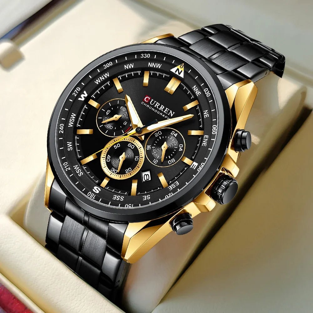 CURREN 8399 Quartz Wristwatches Luxury Brand Sporty Chronograph Watches with 316 Stainless Steel Luminous Hands Male Clock Black