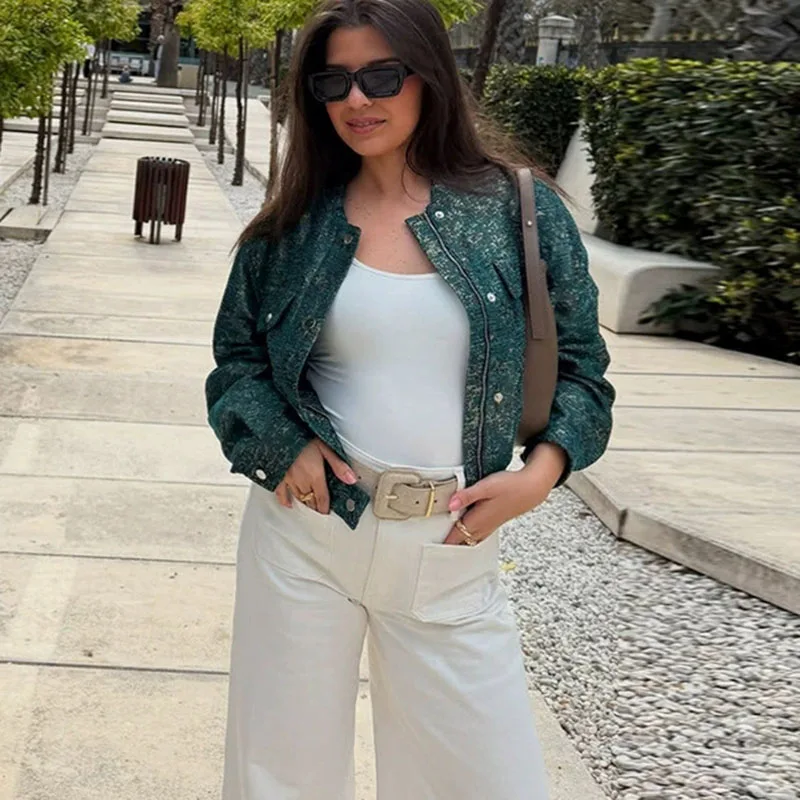 

Vintage Stand Collar Short Jackets Women 2025 New Fashion Zipper Pockets Outerwear Female Streetwear Loose Long Sleeve Coats