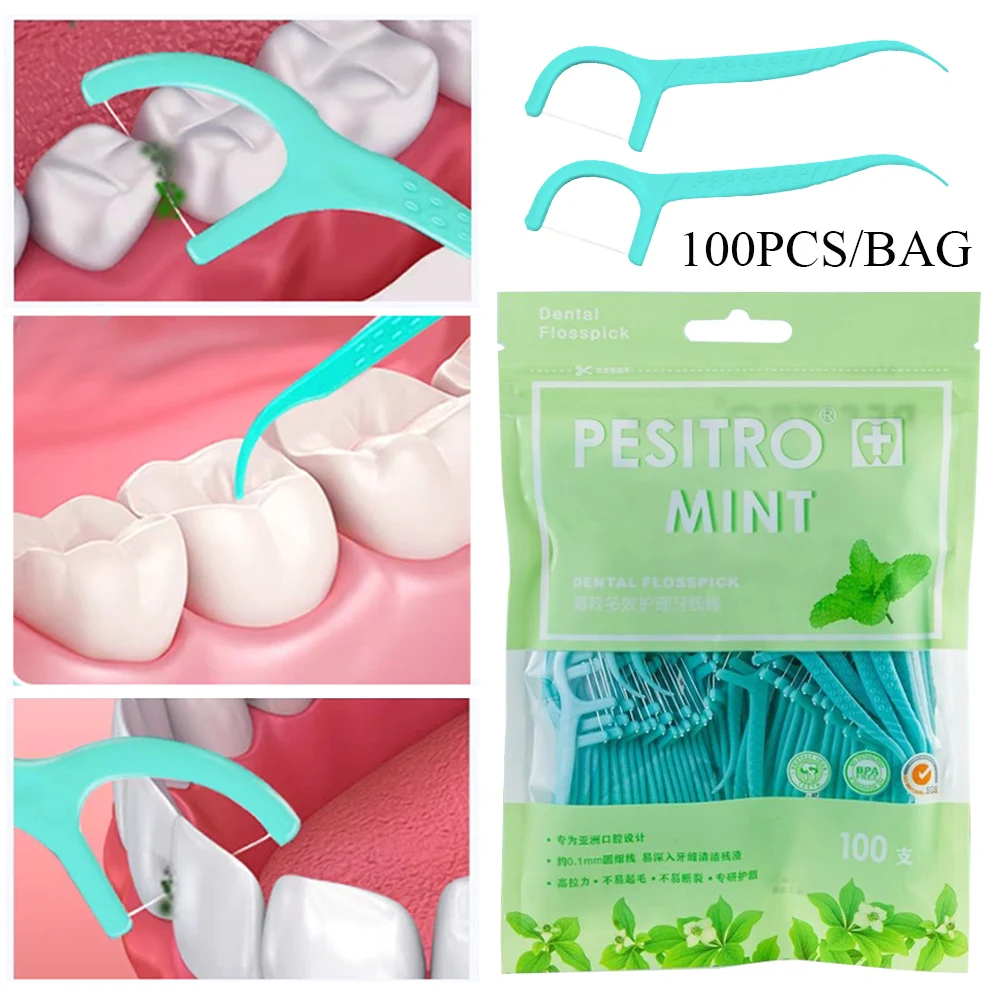 Hilo Dental portátil, cepillo Interdental de menta, palo de limpieza Dental, palillo de dientes desechable, higiene bucal, cuidado bucal, 100