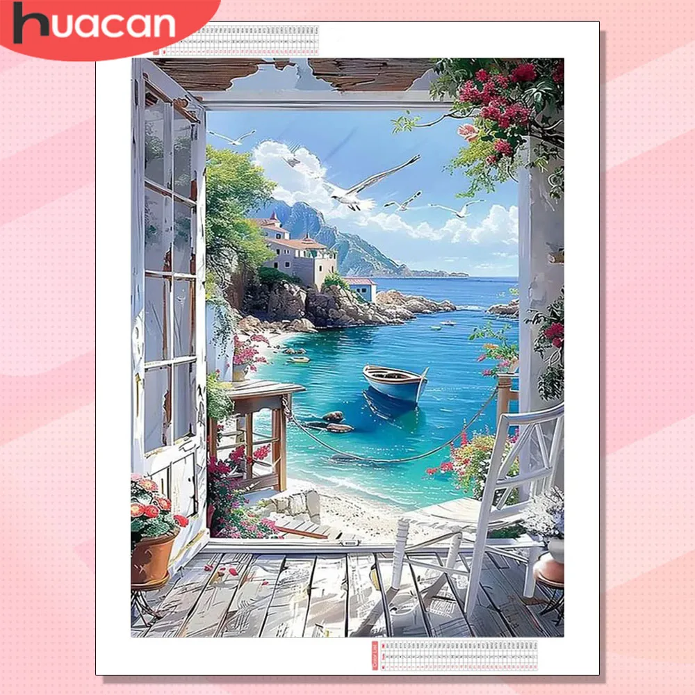 HUACAN Diamond Painting Full Kits Boat Landscape Arts And Crafts Mosaic Sea Nature Square Round Drill Modern Home Decor