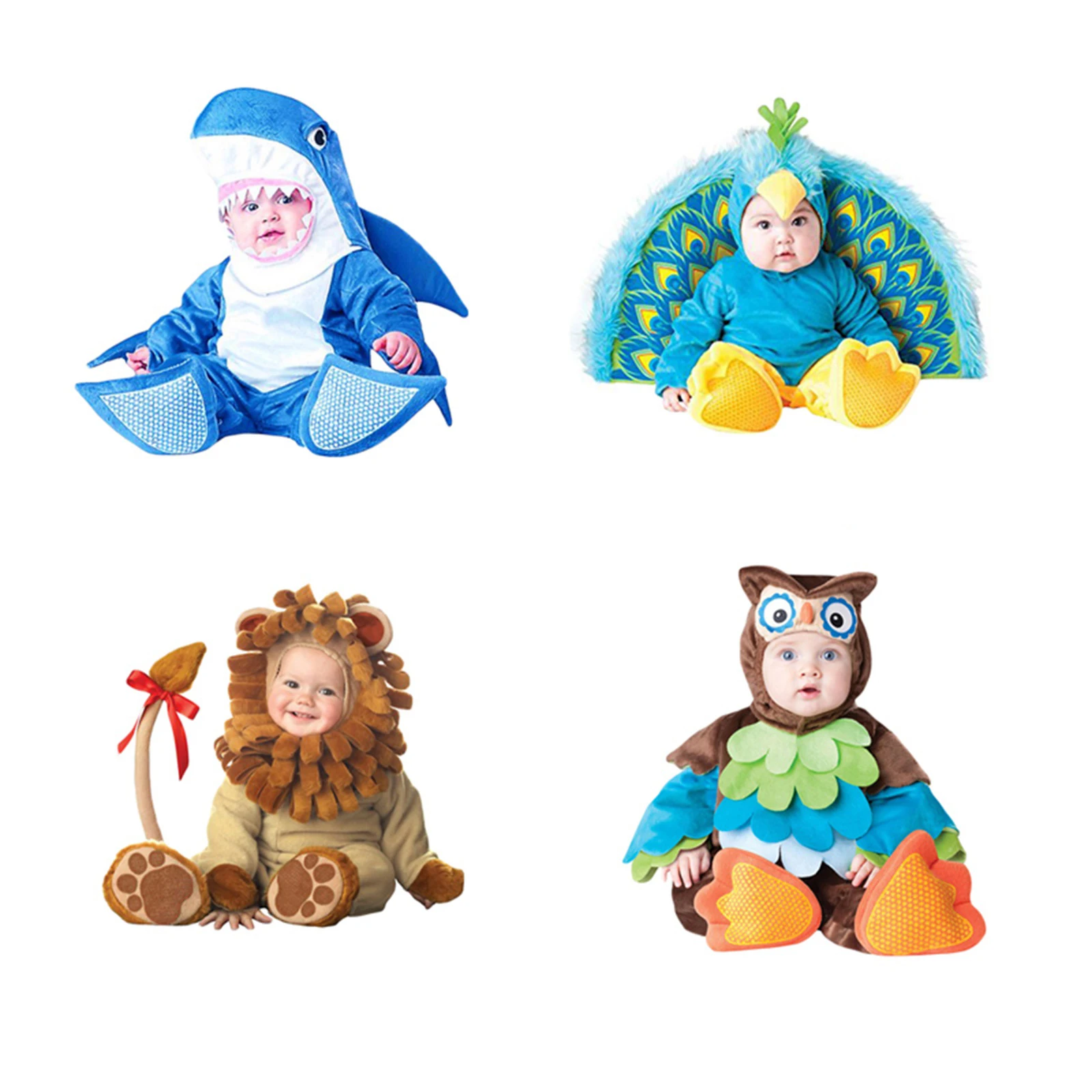 

New Fashion Toddler Baby Animal Costume Deluxe Shark Peacock Owl Lion Costume With Hood And Shoe Covers Set Hot Sale