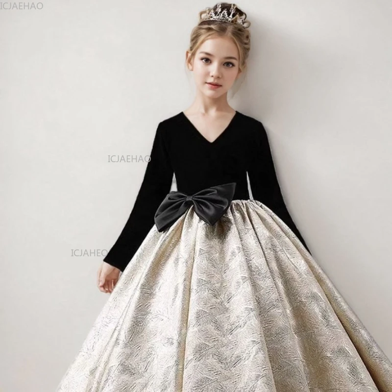 

Черное праздничное платье с длинными рукавами для девочек, новая детская официальная одежда для выступлений, осенне-зимнее детское платье-конкурс для модного шоу, фортепиано