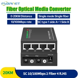 1 Pc 10/100M 2 Fiber Ports 4 RJ45 Port fiber media Converter 1310nm/1550nm Single Mode simplex 20km SC Fibra Optical conversor