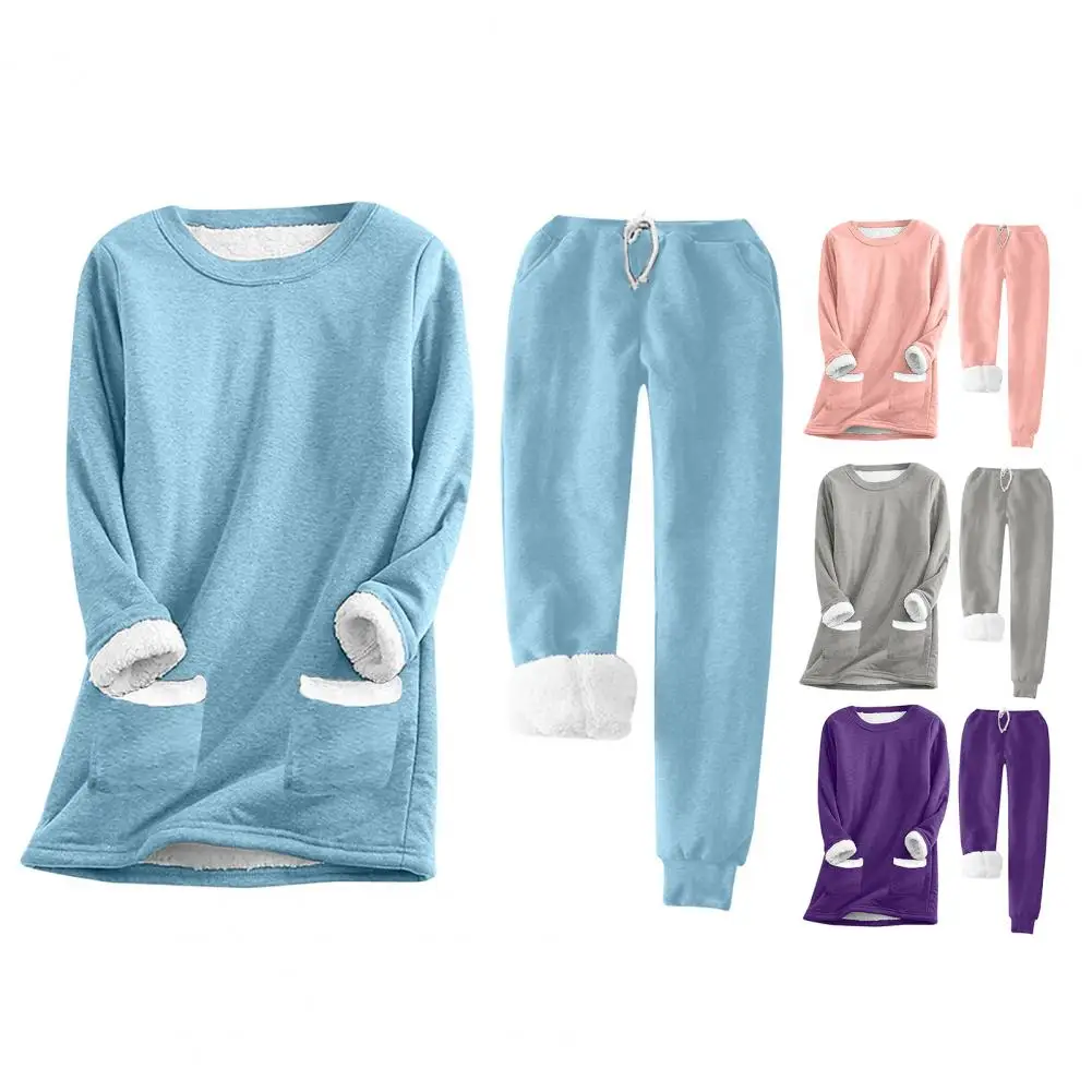 Autumn Women Solid Warm 2 Piece Sets Thicken Plush-lined Set Pullover And Pants Women Casual Pajama Sets 2025 Sport Sleepwear