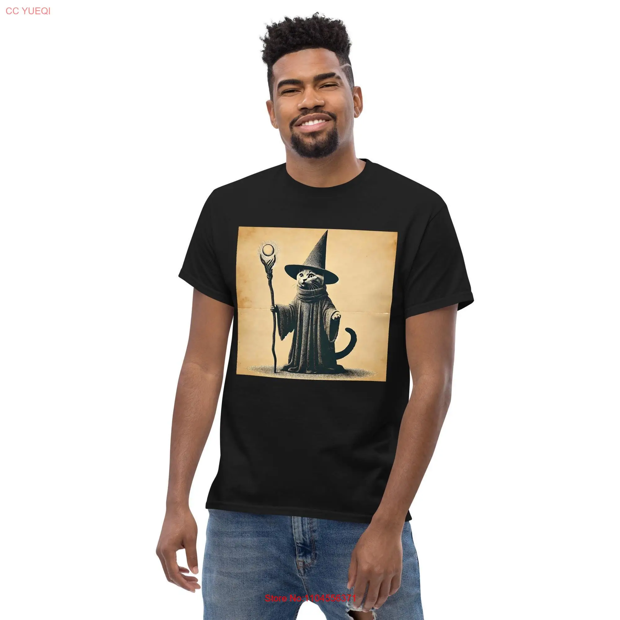 Funny Cat Wizard T Shirt Vintage Style Magic Quirky for Lovers Fantasy Fans long or short sleeves