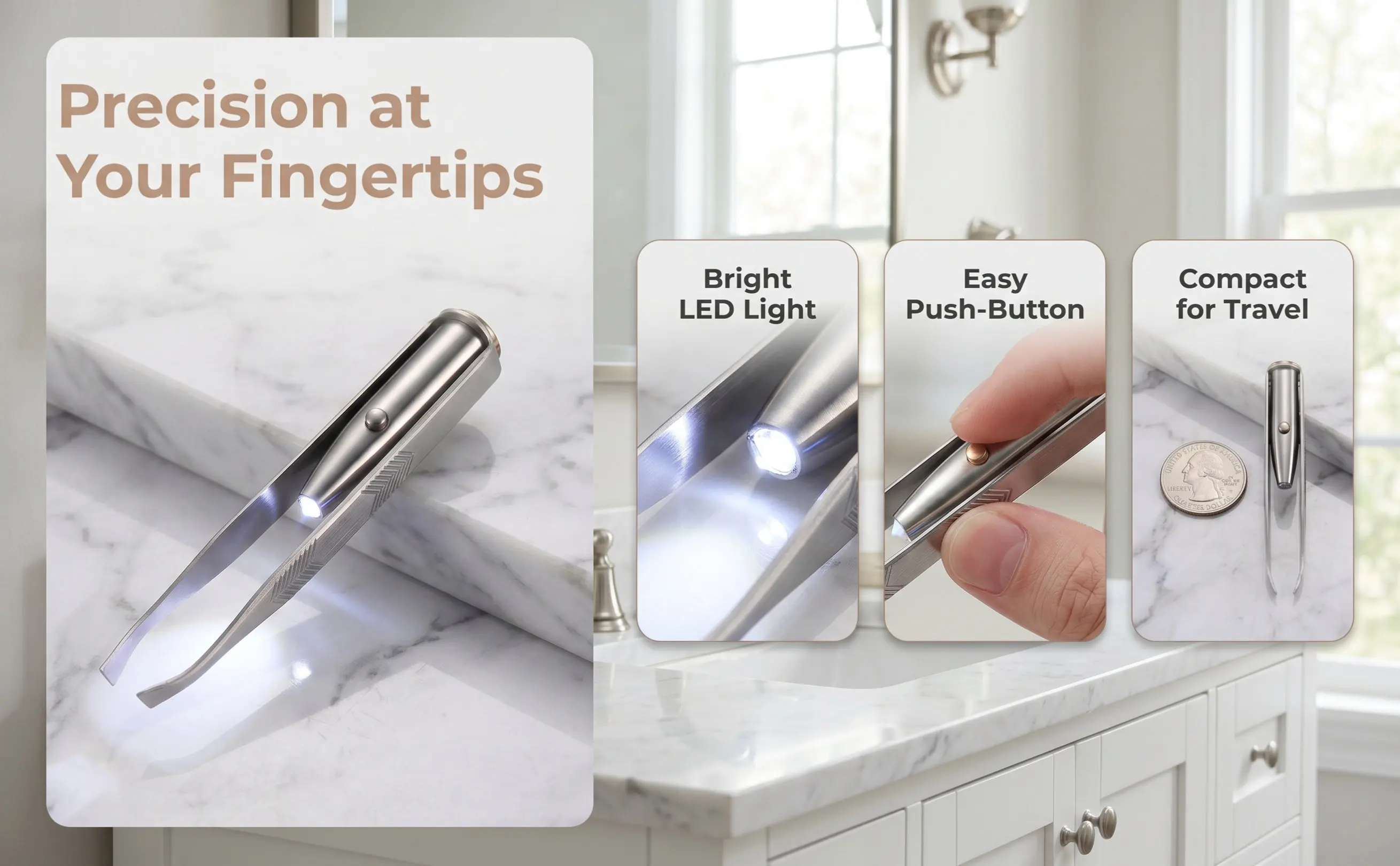 LED Light Eyebrow Tweezer Portable Compact Smart Design Perfect Eyebrow Trimming Hair Removal Tool Women's Eyelash Brow Tweezers